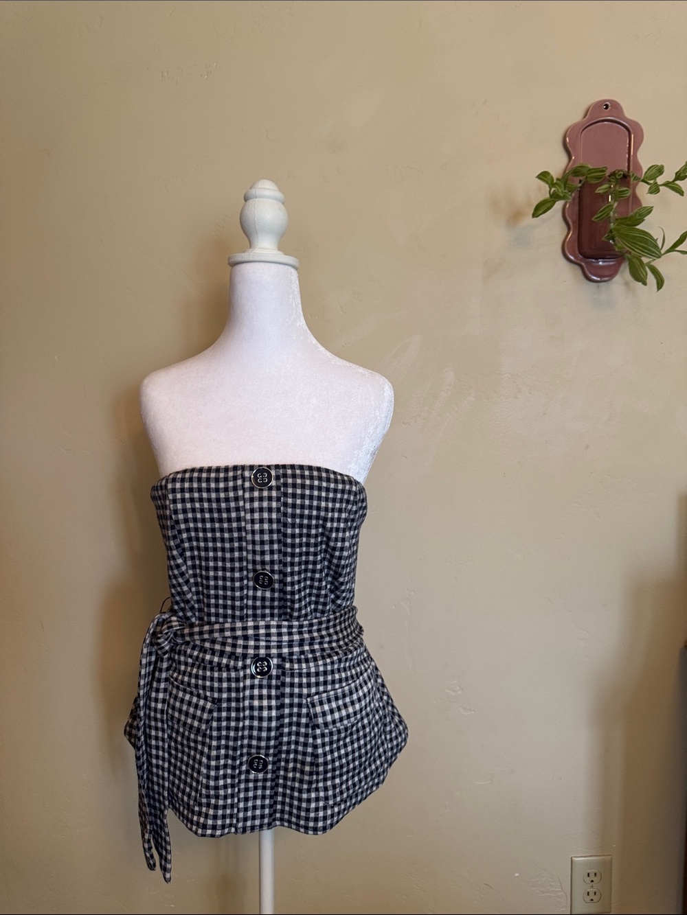 Anthropologie Black and White Gingham Strapless Button-Front Mini Dress
